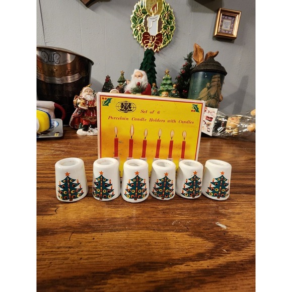 Vintage Set of 6 Porcelain Christmas Tree Mini Taper Candle Holders 1976 - Picture 1 of 7